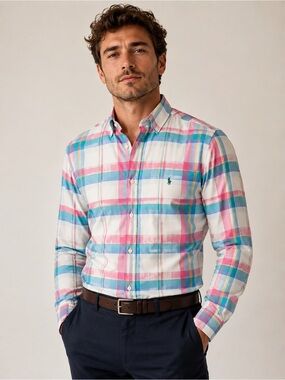 Ralph Lauren Pink & Light Blue Plaid Button-Down Shirt 10o % cotton